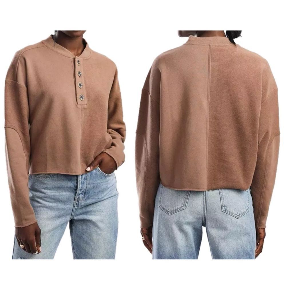 Gilded Intent Brown Slouchy Cropped Pullover Henley Women’s Size M